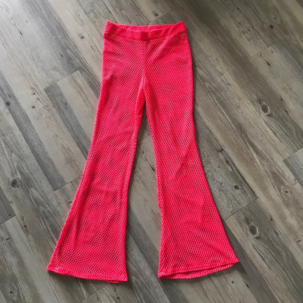 Neon Pink Wide Leg Beach Cover Up Pants Size M High Waist Resort Pool